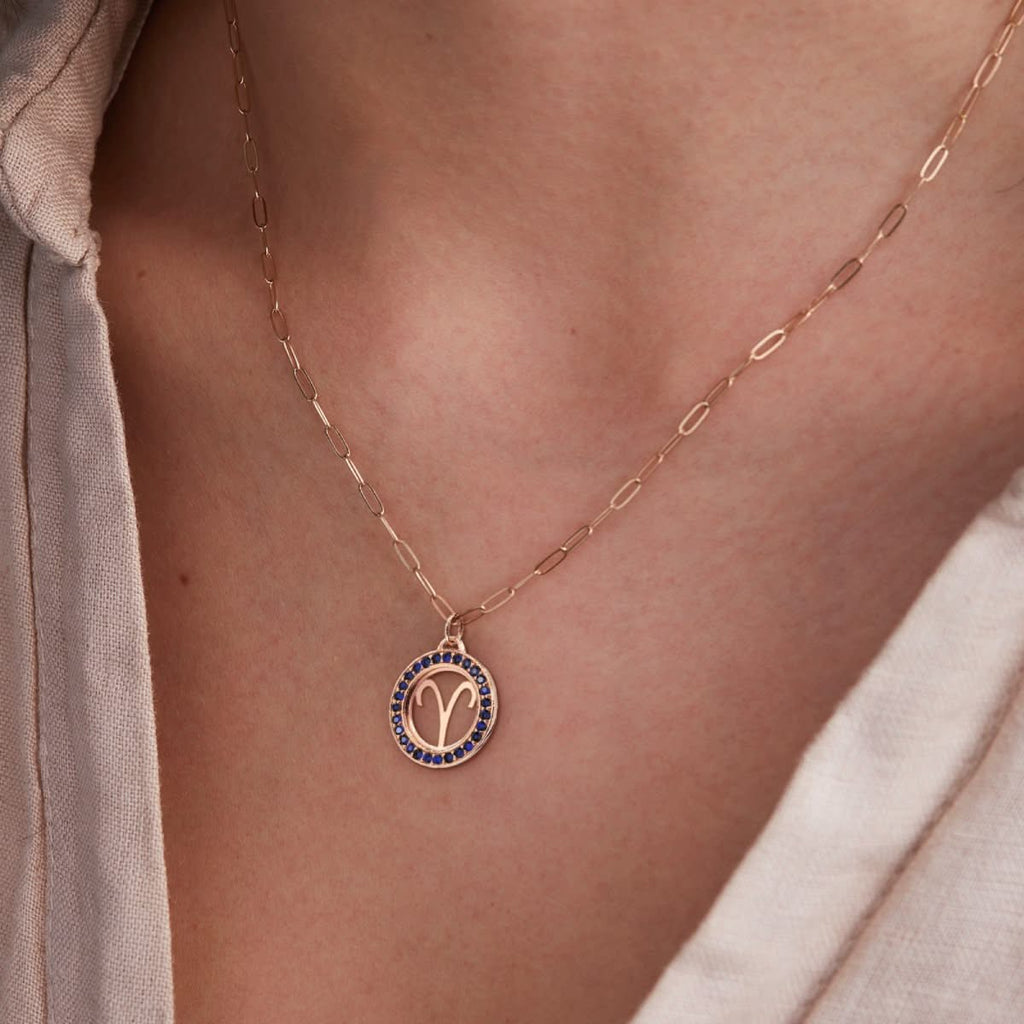 Aries & Birthstone Pendant in 14k Gold