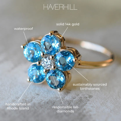 Greenwich Flower Nantucket Blue Topaz & Diamond Ring in 14k Gold (December)