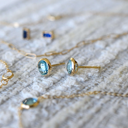 Grand Nantucket Blue Topaz Stud Earrings in 14k Gold (December)