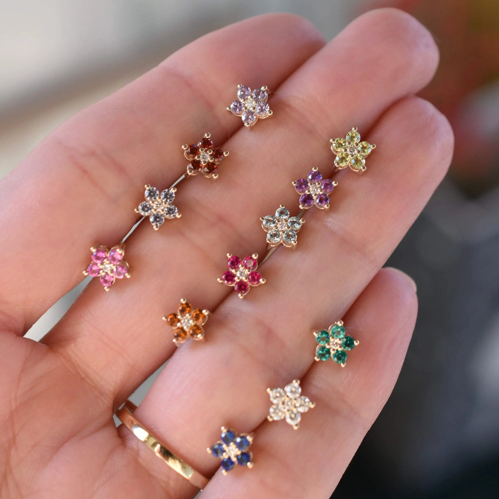 Greenwich Mini Flower Amethyst & Diamond Earrings in 14k Gold (February)
