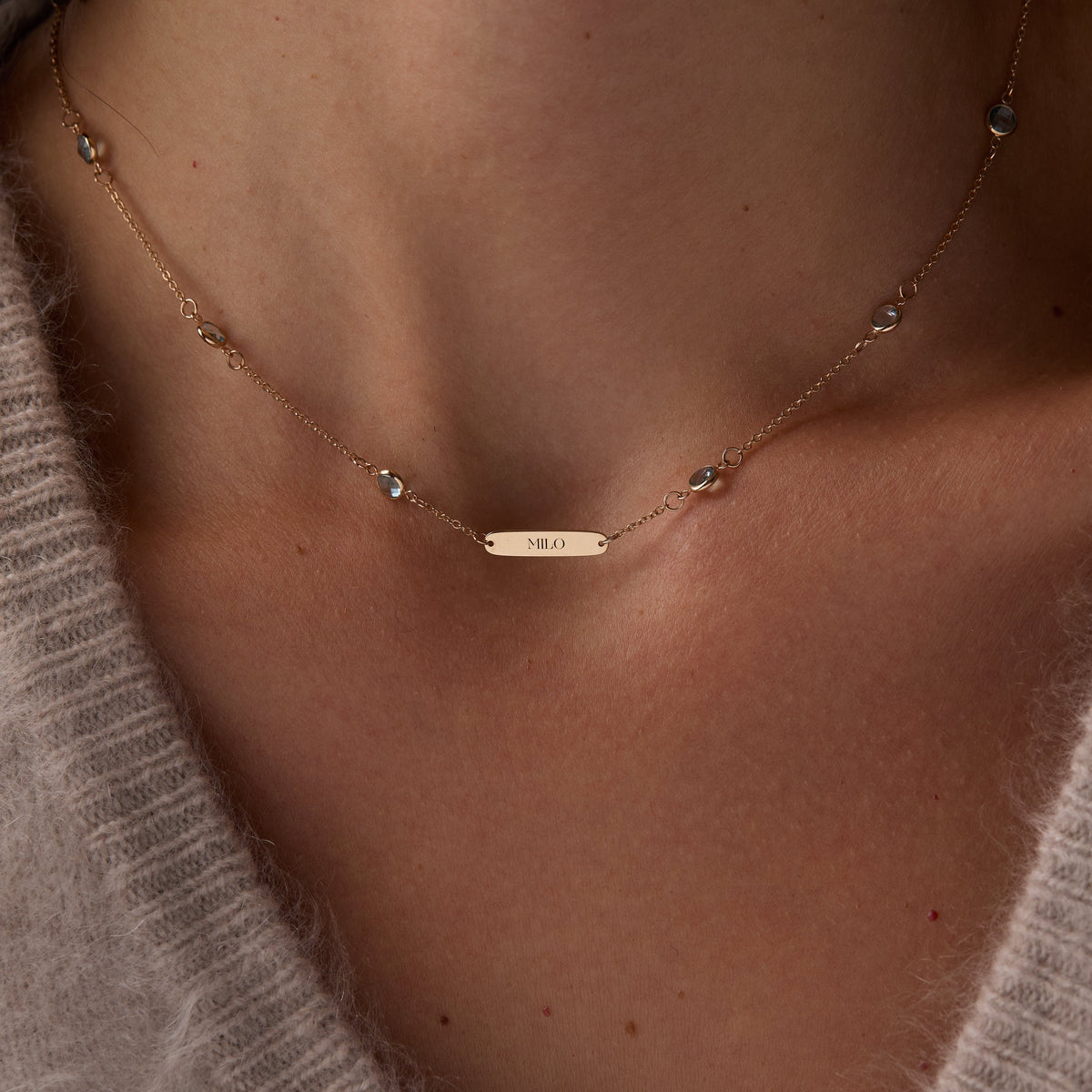 1 Nameplate & 10 Petite Nantucket Blue Topaz Necklace in 14k Gold (December)