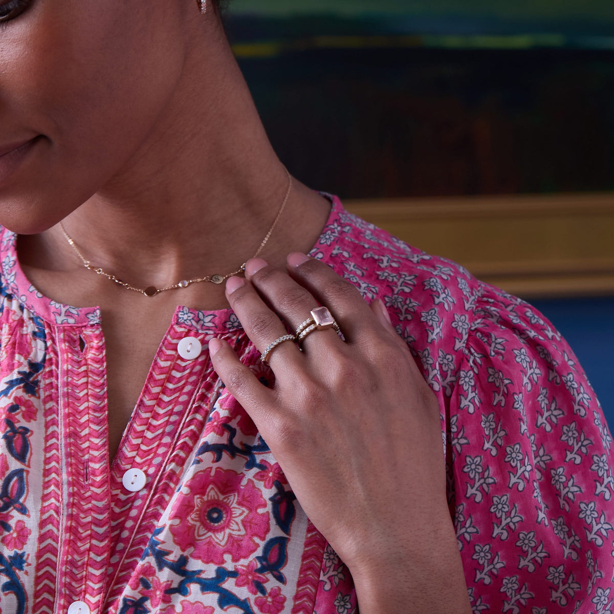 Warren Vertical Rose Quartz Ring with Diamonds in 14k Gold (October)