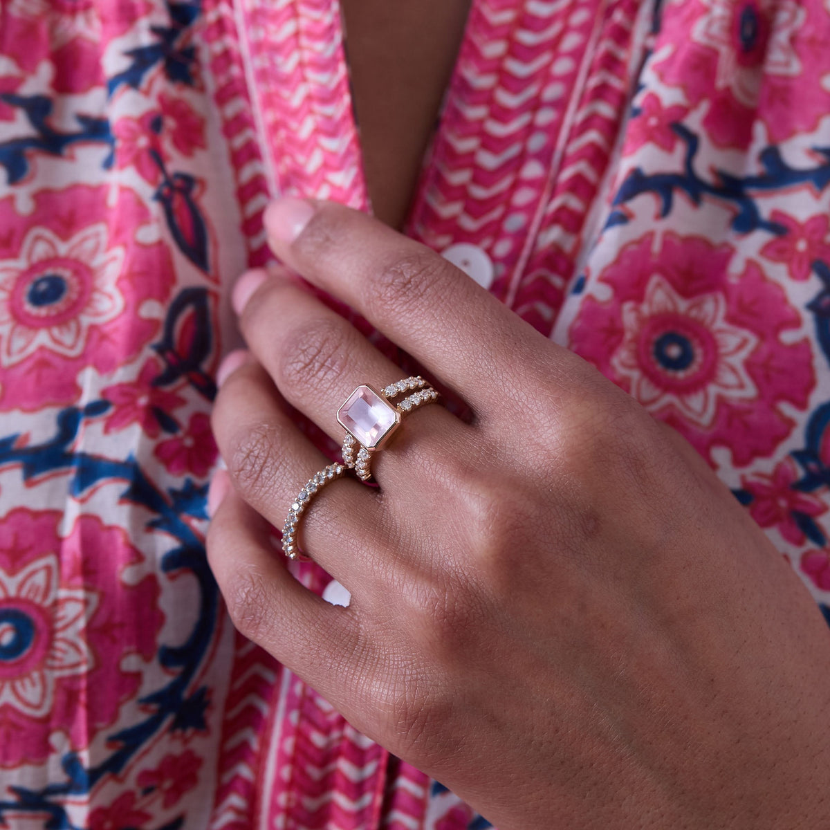 Warren Vertical Rose Quartz Ring with Diamonds in 14k Gold (October)