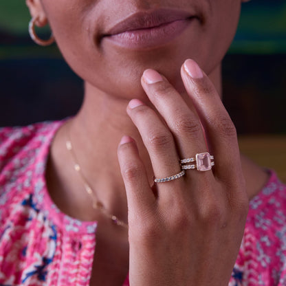 Warren Vertical Rose Quartz Ring with Diamonds in 14k Gold (October)