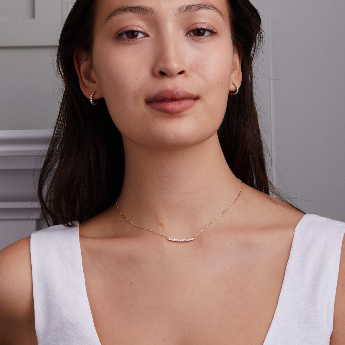 Rosecliff Diamond Bar Necklace and Huggie Hoop Earrings Set in 14k Gold (April)