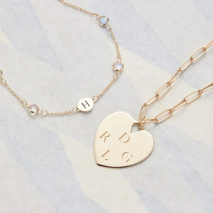 Engravable Large Flat Heart Pendant with ADELAIDE Chain in 14k Gold