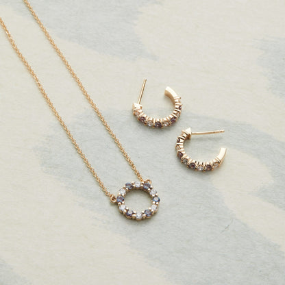 Rosecliff Small Circle Diamond & Alexandrite Necklace and Huggie Hoop Earrings Set in 14k Gold (June)
