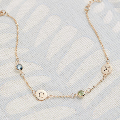 2 Letter & 2 Petite Birthstone Bracelet in 14k Gold