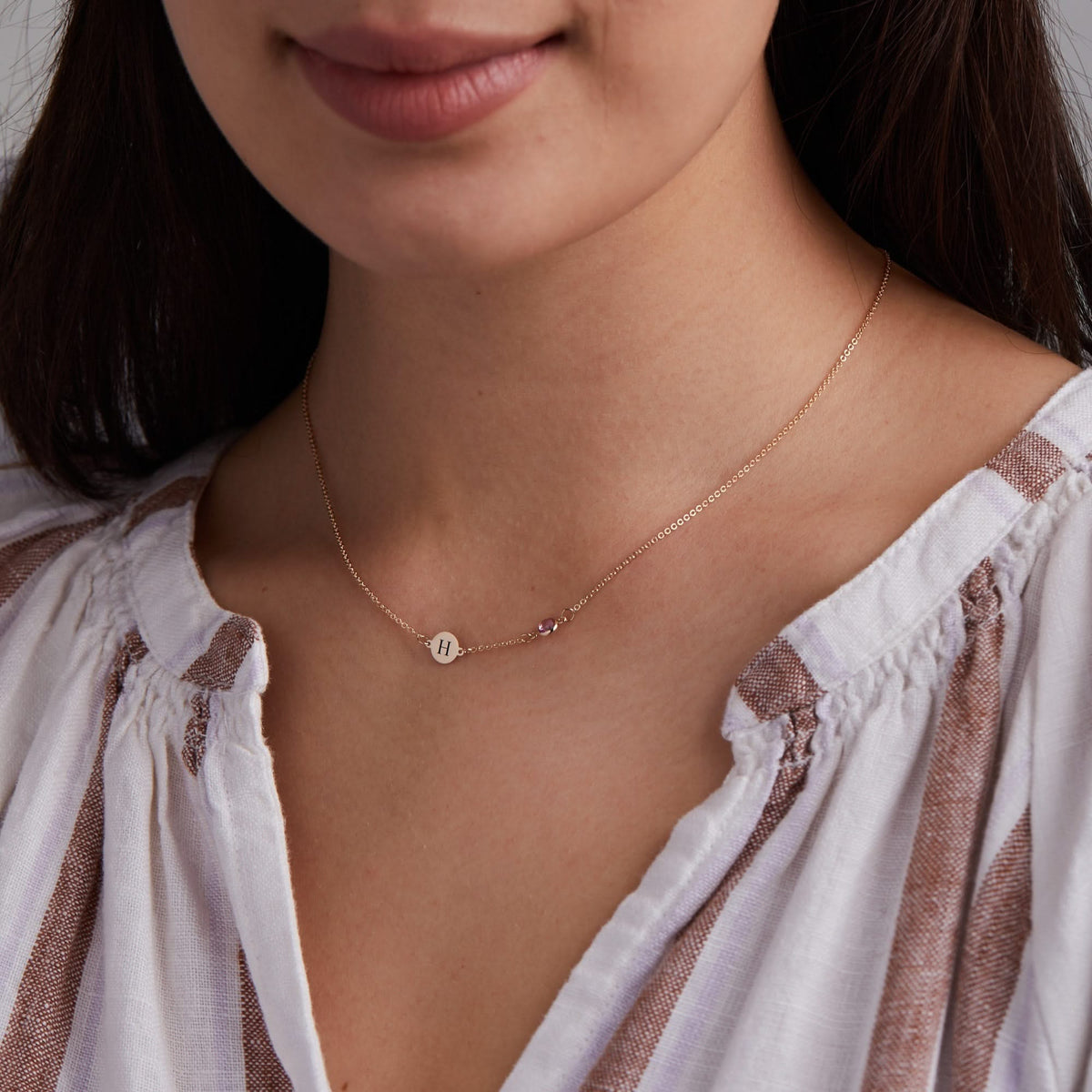 1 Letter & 1 Petite Birthstone Necklace in 14k Gold (Single Spacing)