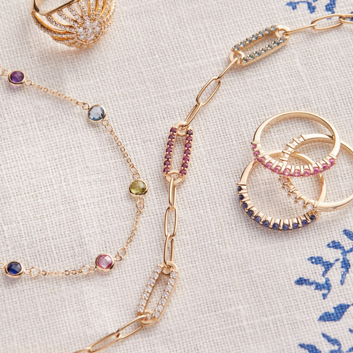 Adelaide 3 Pavé Birthstone Link Bracelet in 14k Gold