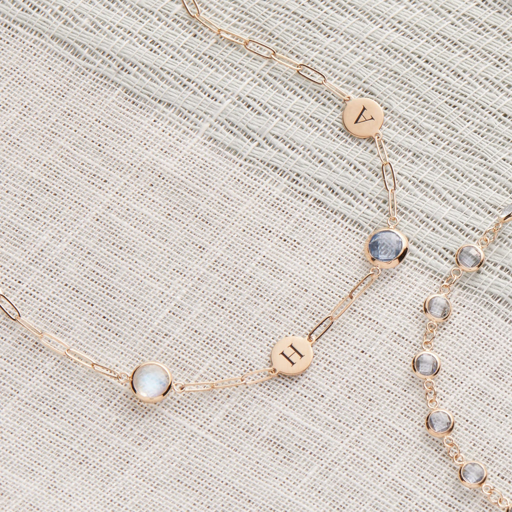 2 Letter & 2 Grand Birthstone Adelaide Mini Necklace in 14k Gold