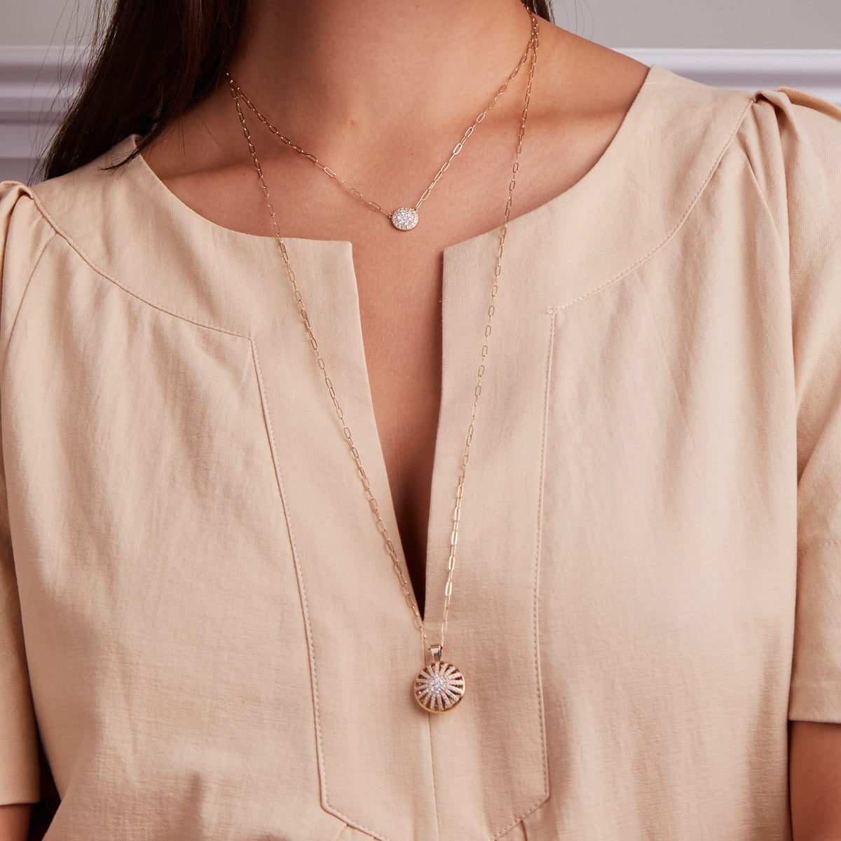 Palmer Diamond Dome Pendant with Adelaide Mini Chain in Solid 14k Gold