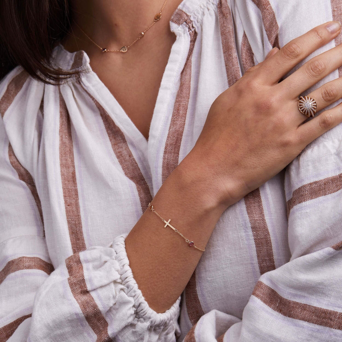 Cross & Petite 3 Birthstone Bracelet in 14k Gold