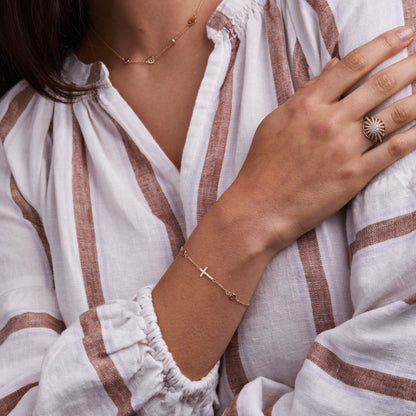 Cross & Petite 3 Birthstone Bracelet in 14k Gold