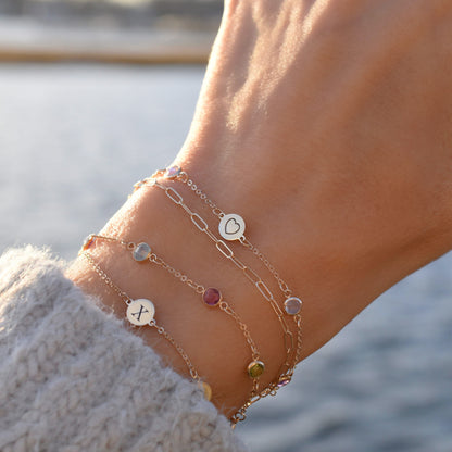 Heart Disc & Petite 6 Birthstone Bracelet in 14k Gold