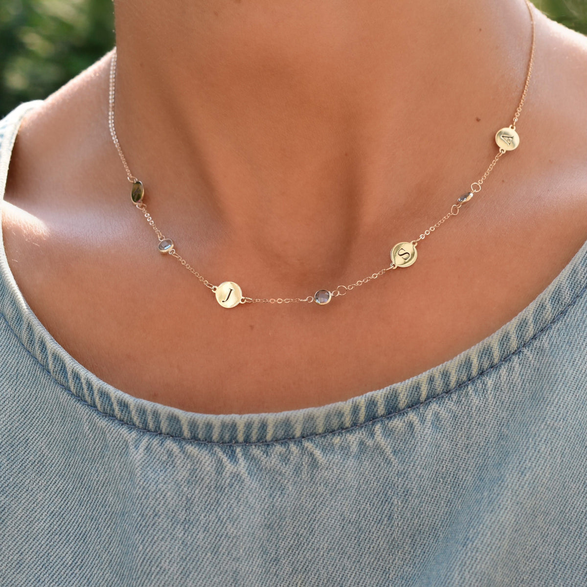 4 Letter & 3 Petite Birthstone Necklace in 14k Gold (Double Spacing)