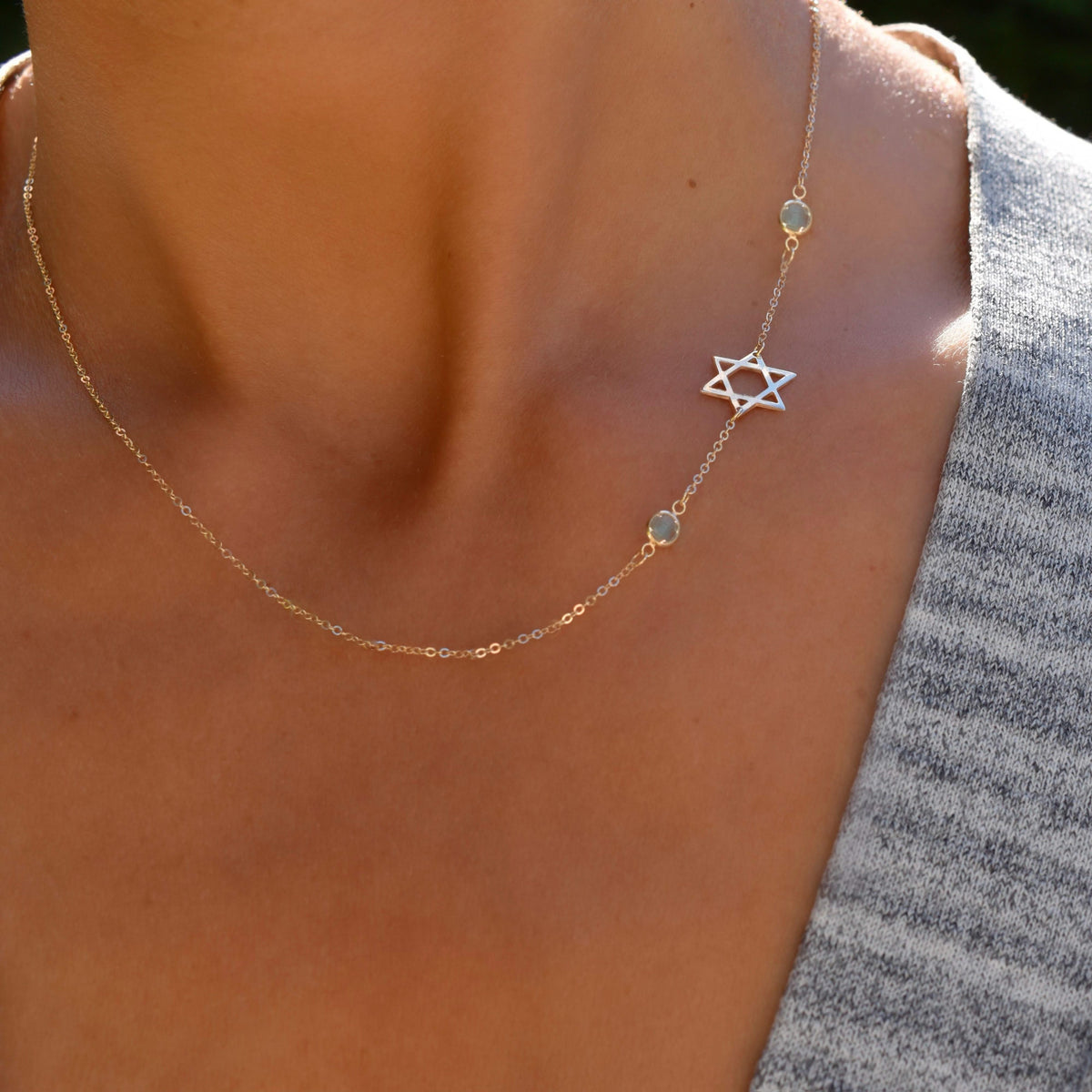 Star of David & Petite 2 Birthstone Necklace in 14k Gold