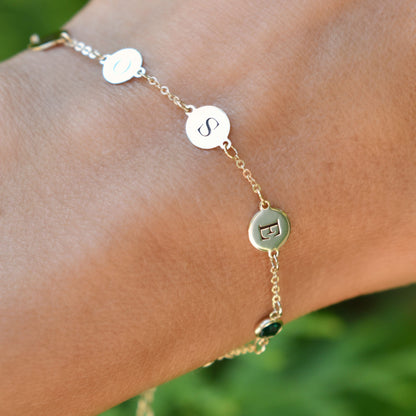 4 Letter & 4 Petite Birthstone Bracelet in 14k Gold