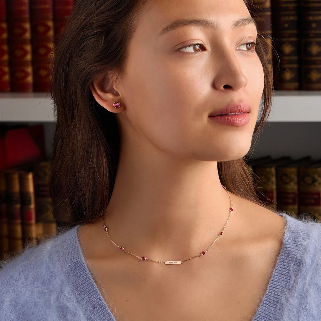 1 Nameplate & 10 Petite Ruby Necklace in 14k Gold (July)