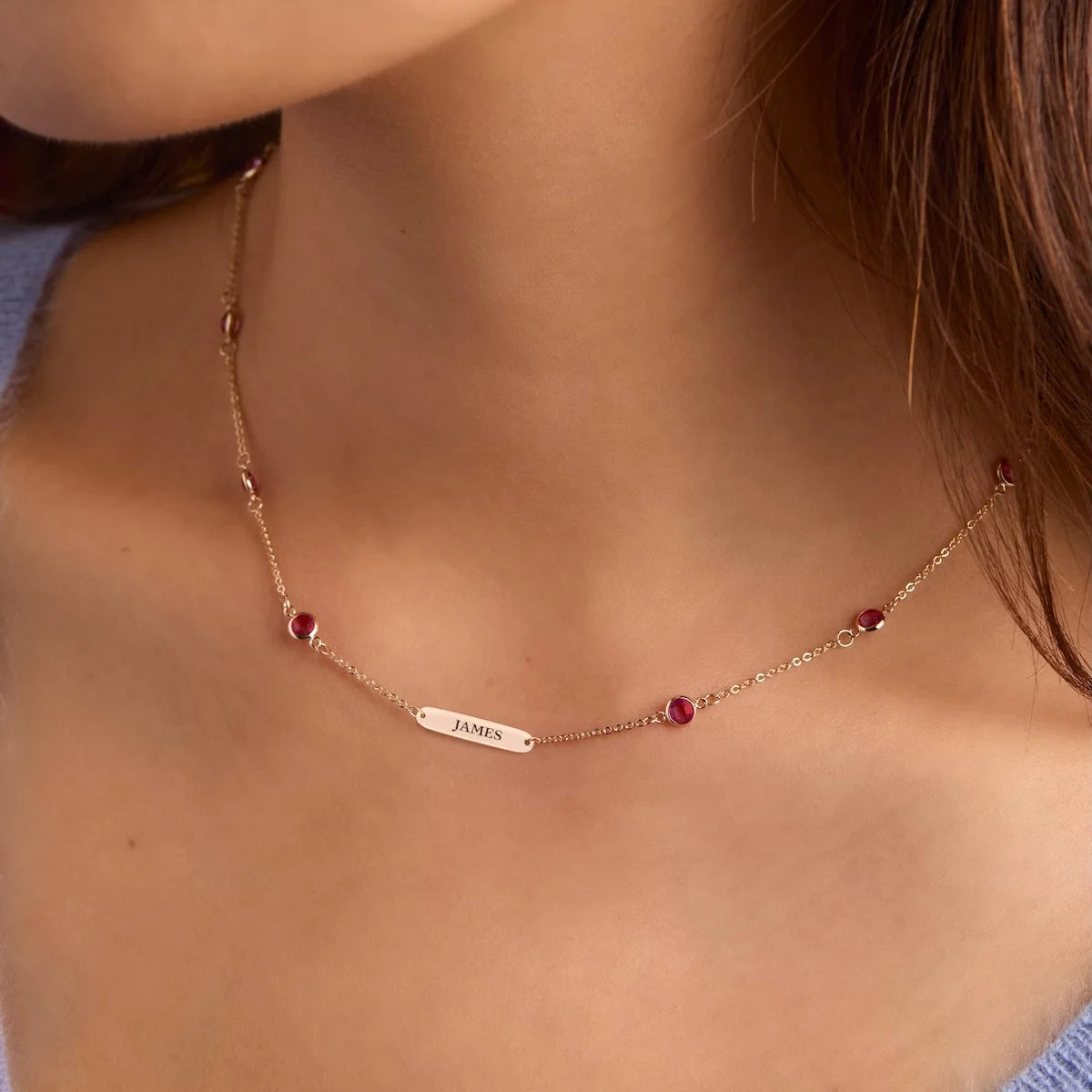 1 Nameplate & 10 Petite Ruby Necklace in 14k Gold (July)