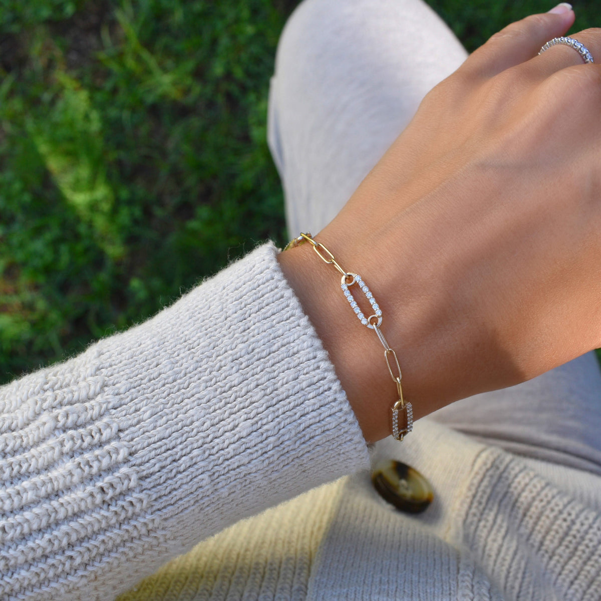 Adelaide 3 Pavé Birthstone Link Bracelet in 14k Gold