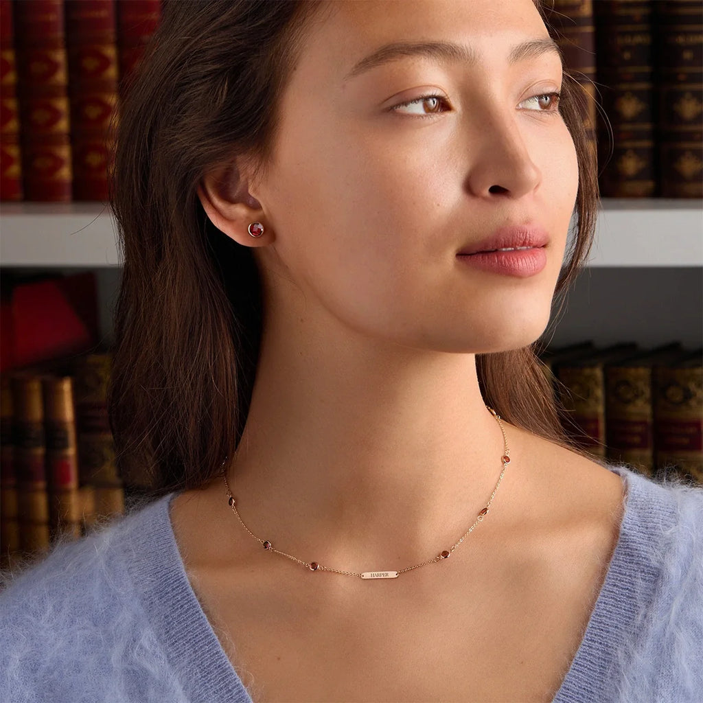 1 Nameplate & 10 Petite Garnet Necklace in 14k Gold (January)