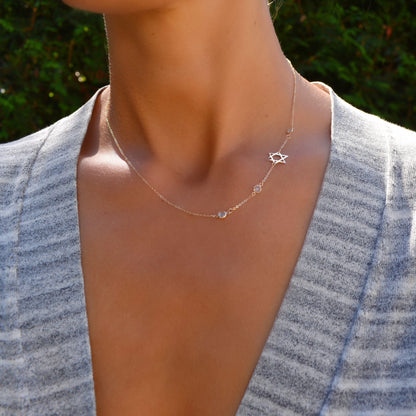 Star of David & Petite 3 Birthstone Necklace in 14k Gold