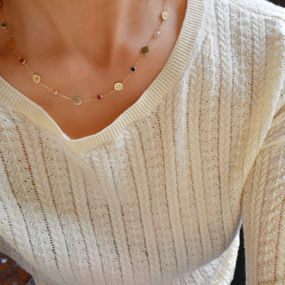 8 Letter & 8 Petite Birthstone Necklace in 14k Gold (Single Spacing)