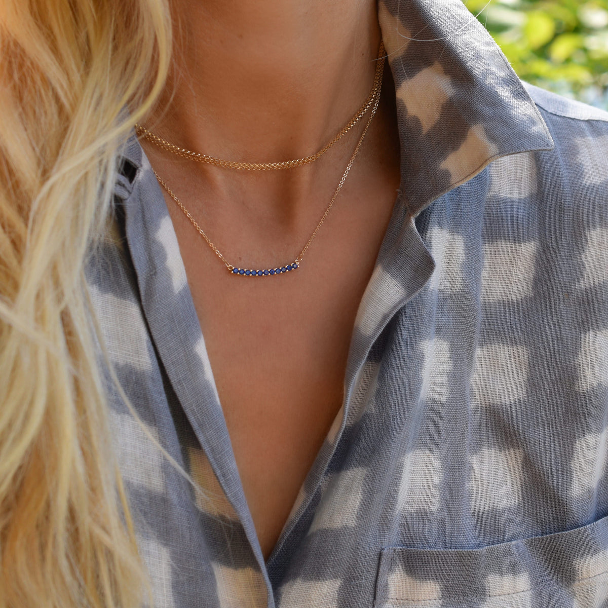 Rosecliff Sapphire Bar Necklace and Huggie Hoop Earrings Set in 14k Gold (September)