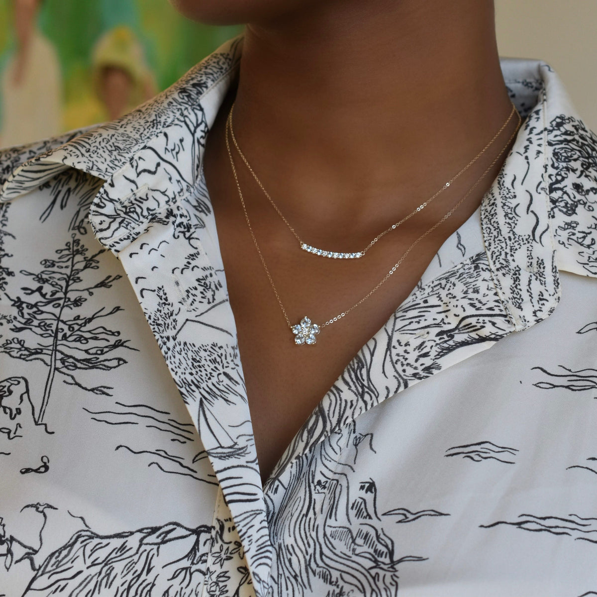 Rosecliff Diamond & Aquamarine Bar Necklace in 14k Gold (March)
