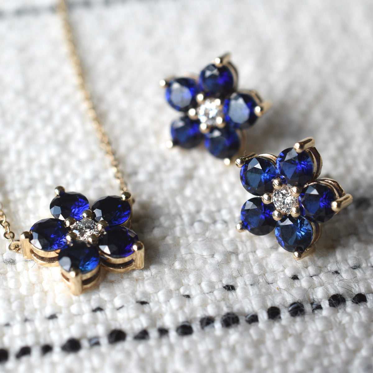 Greenwich Flower Sapphire & Diamond Necklace and Earrings Set in 14k Gold (September)