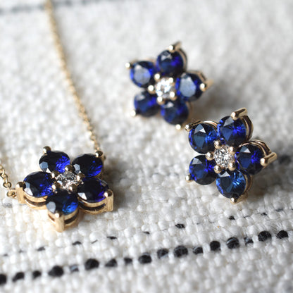 Greenwich Flower Sapphire & Diamond Necklace and Earrings Set in 14k Gold (September)