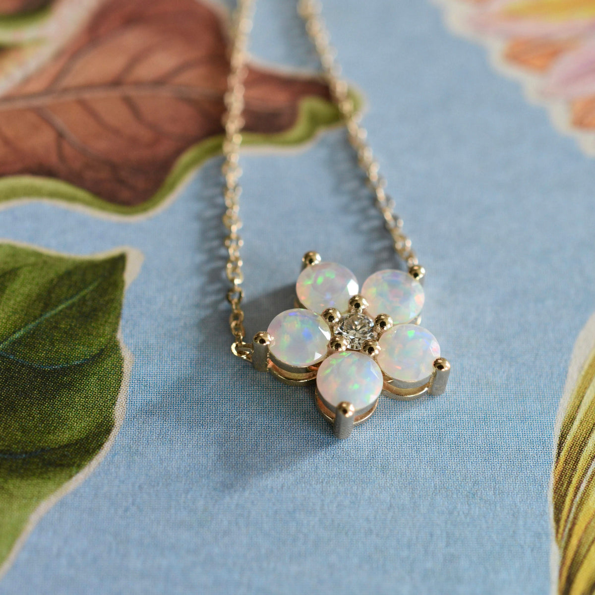 Greenwich Flower Opal & Diamond Necklace in 14k Gold (October)