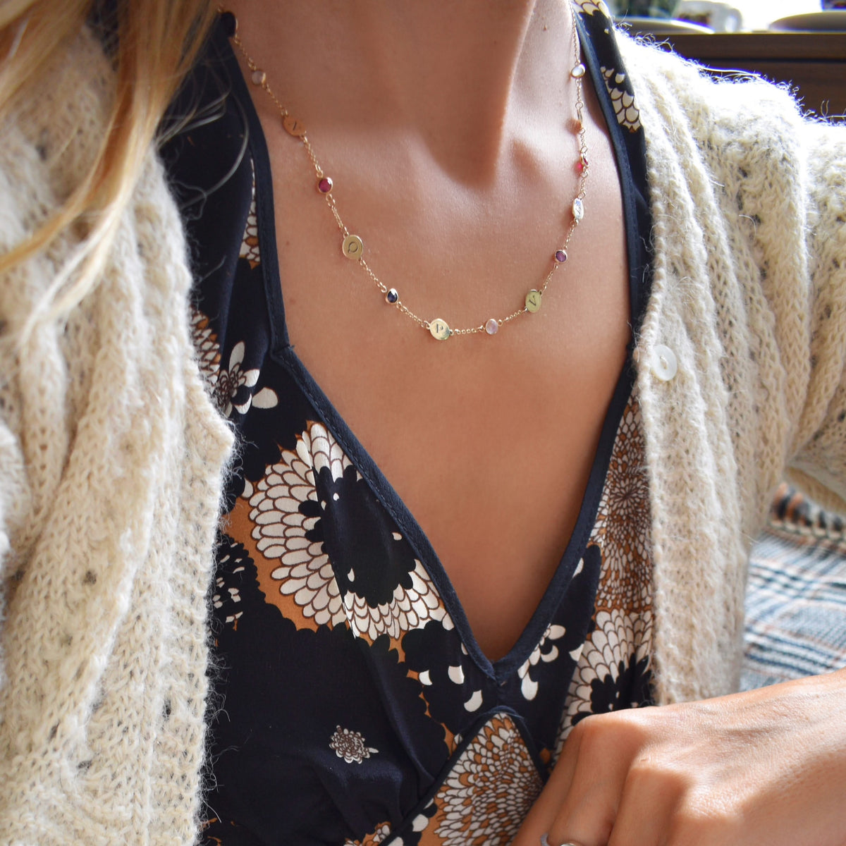 10 Letter & 10 Petite Birthstone Necklace in 14k Gold (Single Spacing)