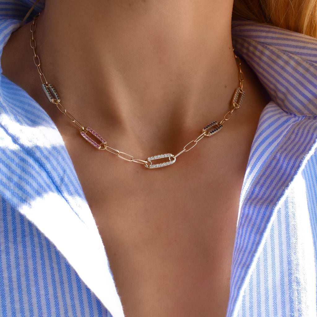 Adelaide 5 Pavé Birthstone Link Necklace in 14k Gold
