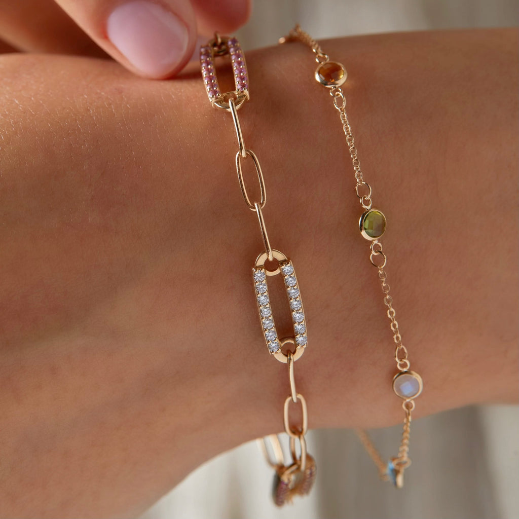 Adelaide 5 Pavé Birthstone Link Bracelet in 14k Gold
