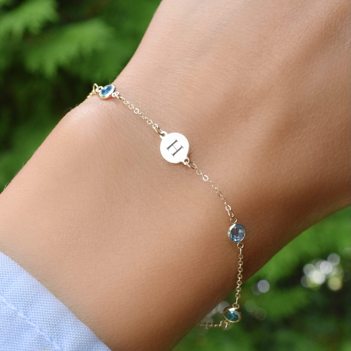 1 Letter & 4 Petite Nantucket Blue Topaz Bracelet in 14k Gold (December)