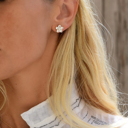 Greenwich Flower White Topaz & Diamond Earrings in 14k Gold (April)