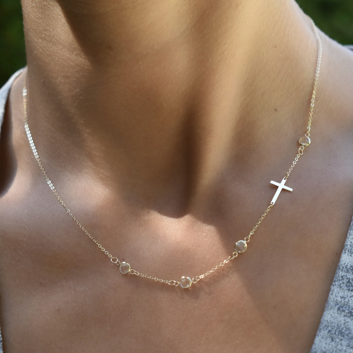 Cross & Petite 4 Birthstone Necklace in 14k Gold