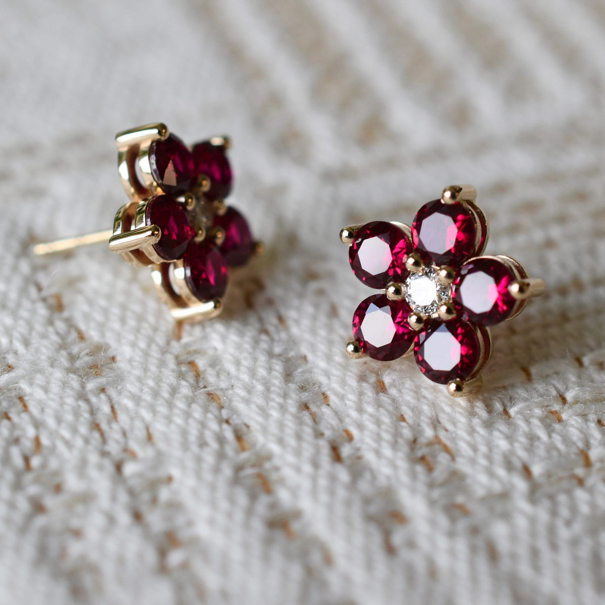 Greenwich Flower Ruby & Diamond Earrings in 14k Gold (July)