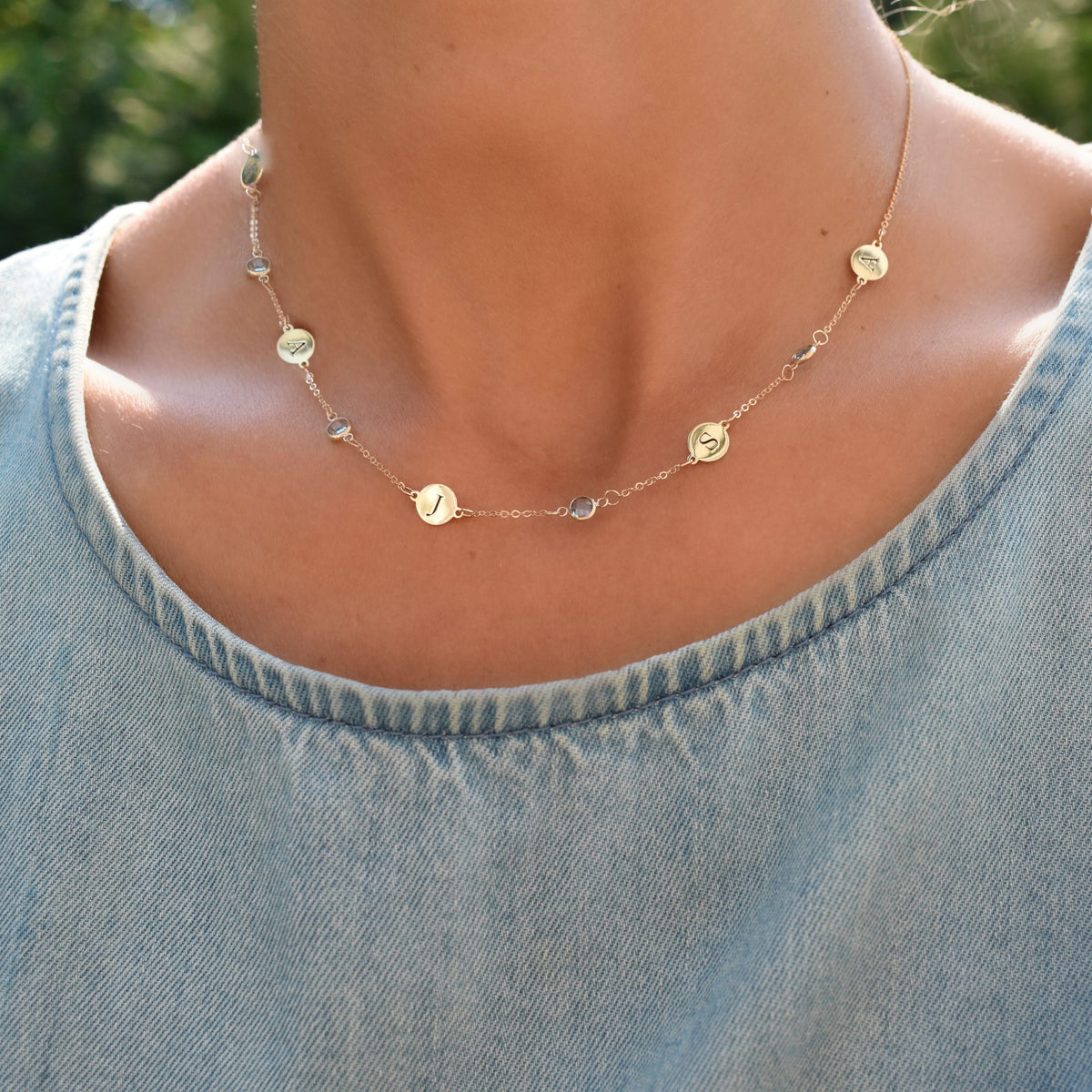 5 Letter & 5 Petite Birthstone Necklace in 14k Gold (Single Spacing)