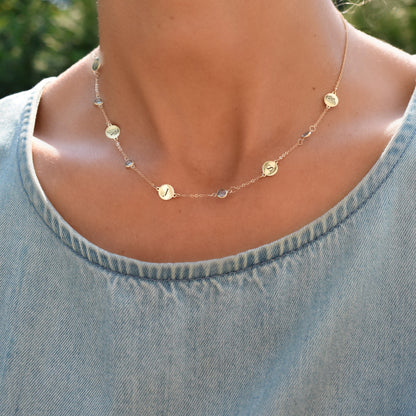 5 Letter & 5 Petite Birthstone Necklace in 14k Gold (Single Spacing)