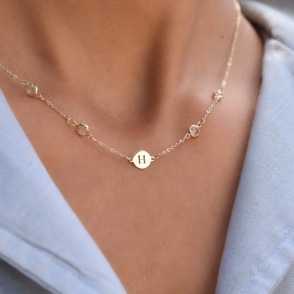 1 Letter & 4 Petite White Topaz Necklace in 14k Gold (April)