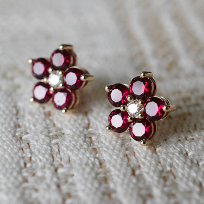 Greenwich Flower Ruby & Diamond Earrings in 14k Gold (July)