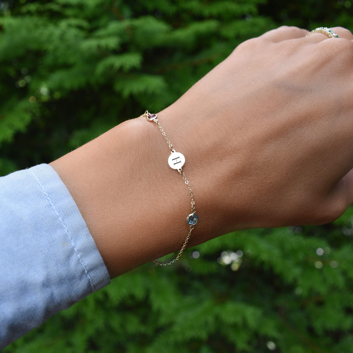 1 Letter & 2 Petite Birthstone Bracelet in 14k Gold