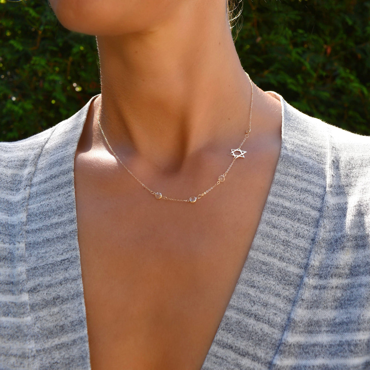 Star of David & Petite 4 Birthstone Necklace in 14k Gold