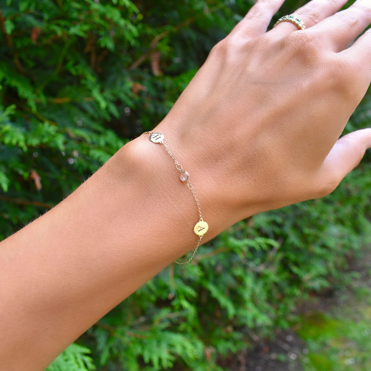 2 Letter & 1 Petite Birthstone Bracelet in 14k Gold