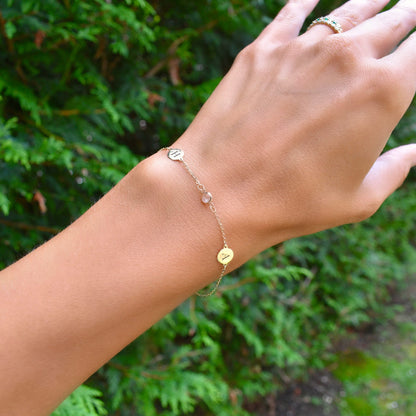 2 Letter & 1 Petite Birthstone Bracelet in 14k Gold