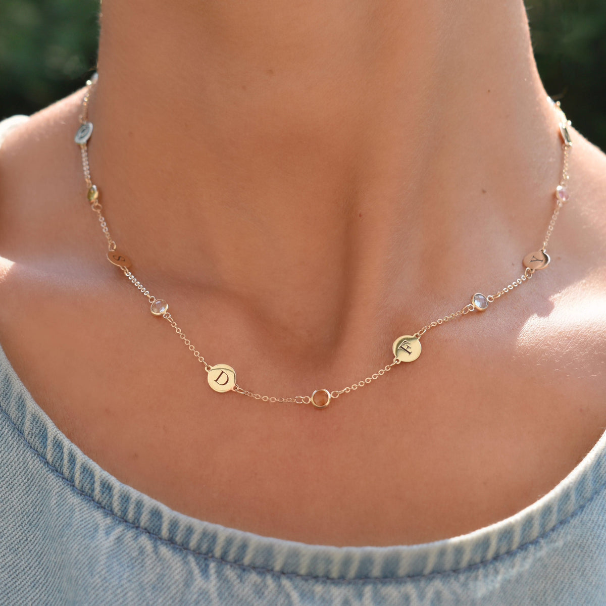 7 Letter & 7 Petite Birthstone Necklace in 14k Gold (Single Spacing)