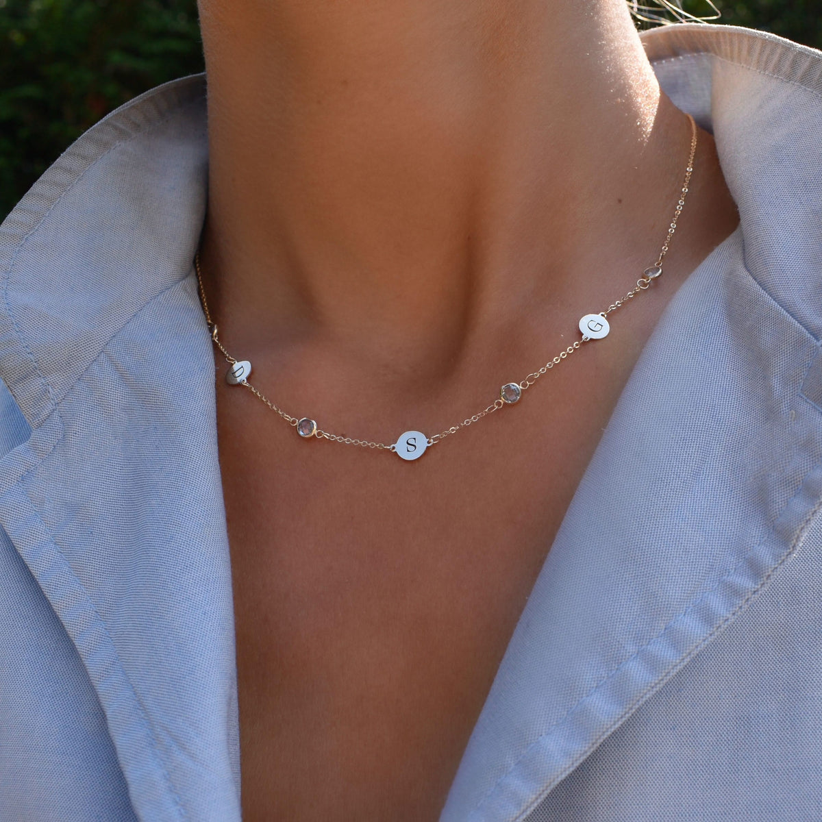 3 Letter & 4 Petite Birthstone Necklace in 14k Gold (Double Spacing)
